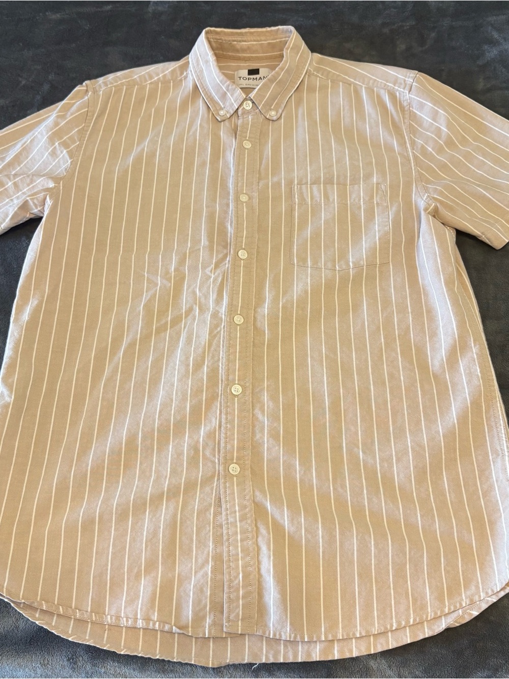 Topman Beige and White Stripe Short-Sleeve Button-Down Shirt